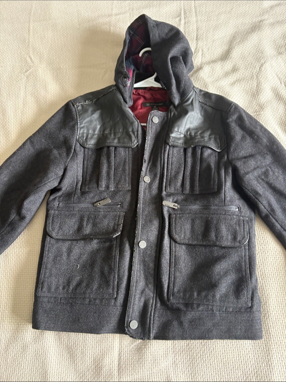 INC International Concepts Charcoal Hooded Field Jacket with Leather Yoke